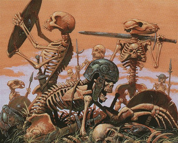 Animated skeletons scrounge a battlefield for discarded weapons and armor.