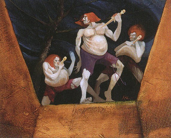 Three humanoid dancers with pale skin move about the rim of an open grave. The viewer is looking up from the grave at them, with a dark sky behind them. The dancers hold boney daggers in their hands.