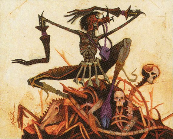 A spindly, green-skinned humanoid waves their long arms while seated atop a pile of bones.