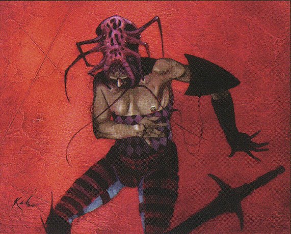 A human warrior has their head covered by an insect with long red legs. The insect is the size of their hand, the warrior is dropping their sword in pain.