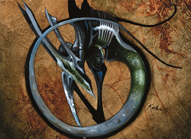 A long, spindly creature with jagged arms and exposed ribcage wraps itself up in a coil, in front of a marble brown background.