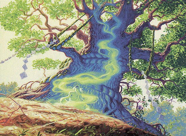 A druid seated on a pedestal meditates, with wispy green energy rising up to trace the lines of the tree behind them.