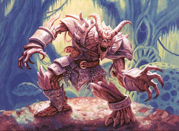 A horned, pink troll stands with outstretched arms inside a moldy forest.