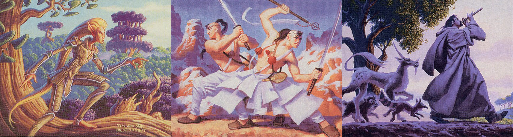 Three pieces of fantasy art placed end to end. The first painting depicts an elf standing atop a tree branch with a large forest behind them. The second is a pair of warriors standing side-by-side to defend themselves. The last is a cloaked elf walking with a pipe and a group of animals following them.