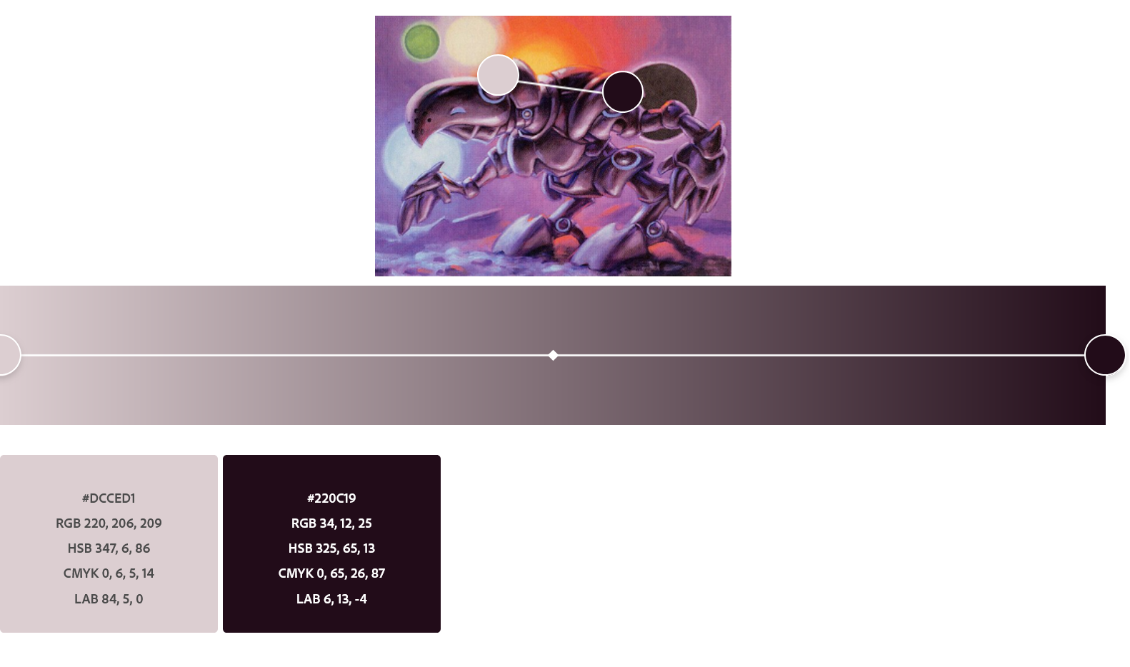 A color gradient is placed beneath a painting of a small, beaked robot. The gradient is suggesting the movement of color from one side of the painting to the other.