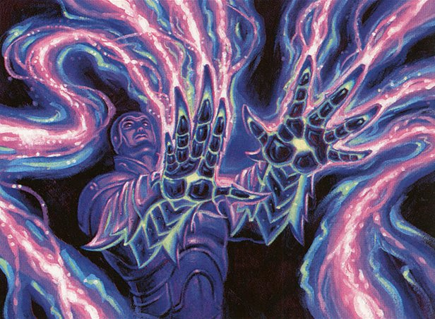 A mage reaches their gloved hands out with purple and pink energy emanating from their fingertips.