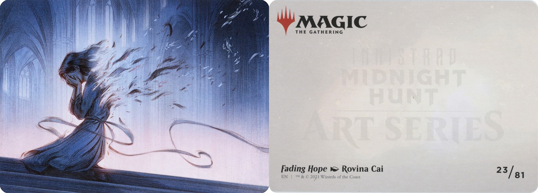 Two sides of a Magic: The Gathering Art card. One is blank, and the other features a humanoid holding their hands to their face while their body fades into the empty air of a church behind them.
