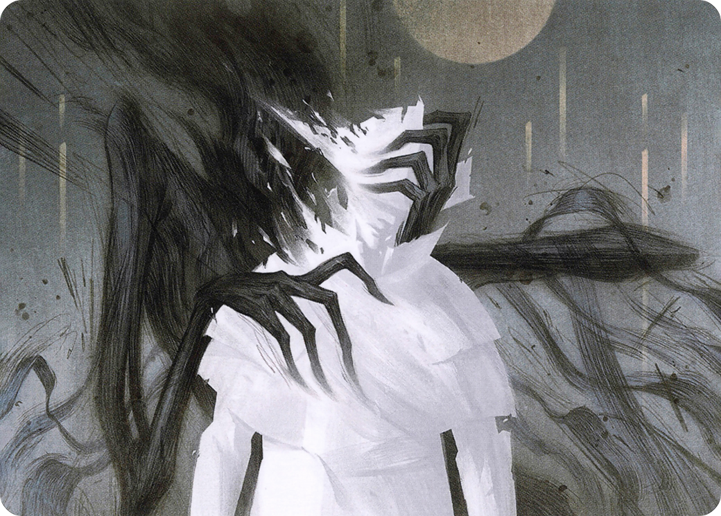 A ghostly white visage of a human with a tri-corner hat is being grasped by a shadowy, monstrous figure behind them.