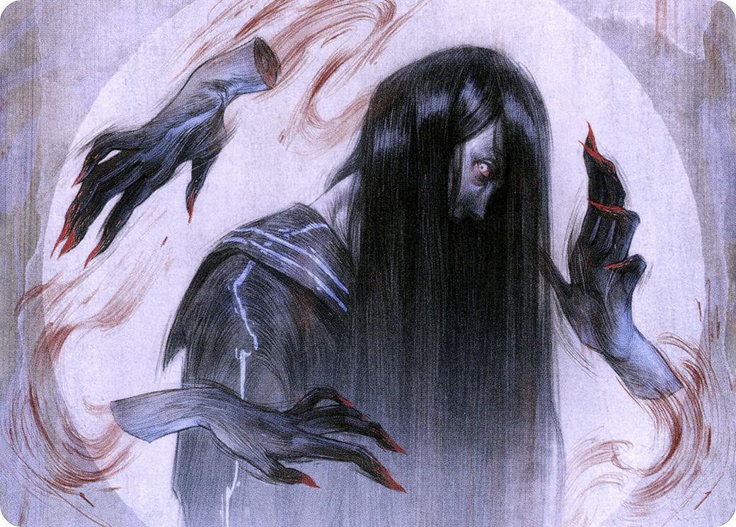 A humanoid with dark hair and sunken eyes looks out from underneath dark hair, as three severed hands circle them in the air.