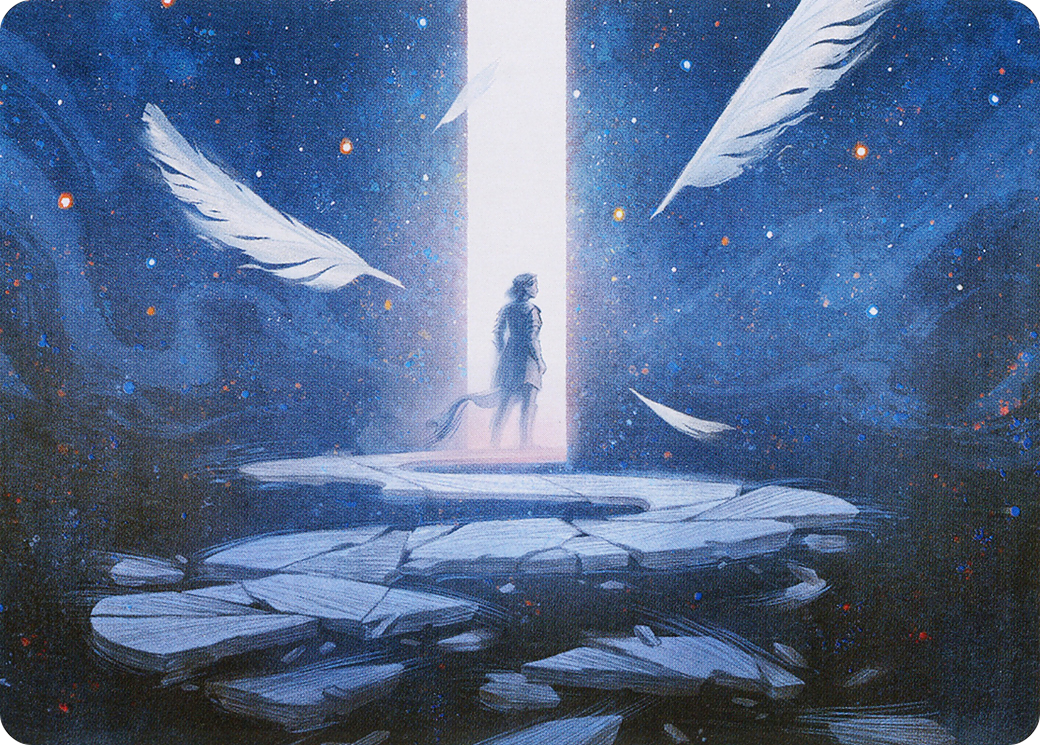 A humanoid figure steps into a glowing rectangle of light. Their path is marked by a crumbling stone bridge that serpentines into the darkness behind them, with feathers floating in the air.