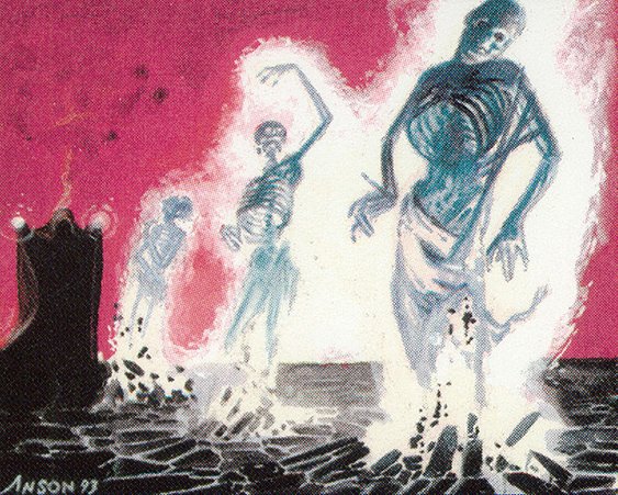 Three human skeletons, encased in glowing energy, rise from a grave in front of a red sky.