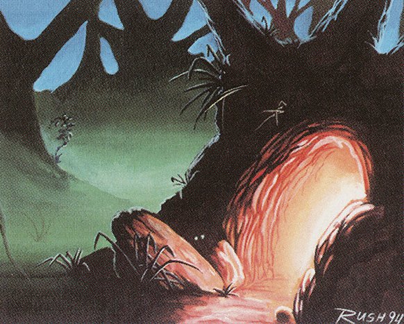 A glowing grotto, beckons the viewer in while a dark woodland stands around.