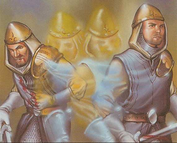 Two soldiers with light armor and swords stand with their spirits coming out of their bodies.