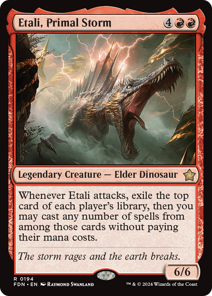 A dinosaur erupts with a a gaping maw, snapping through a fog bank, with lightning bursting all around.