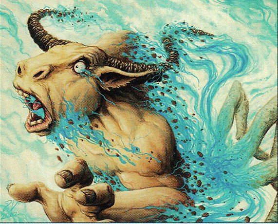 A minotaur gets pulled toward a spindly creature, with trails of blue energy coming off them.