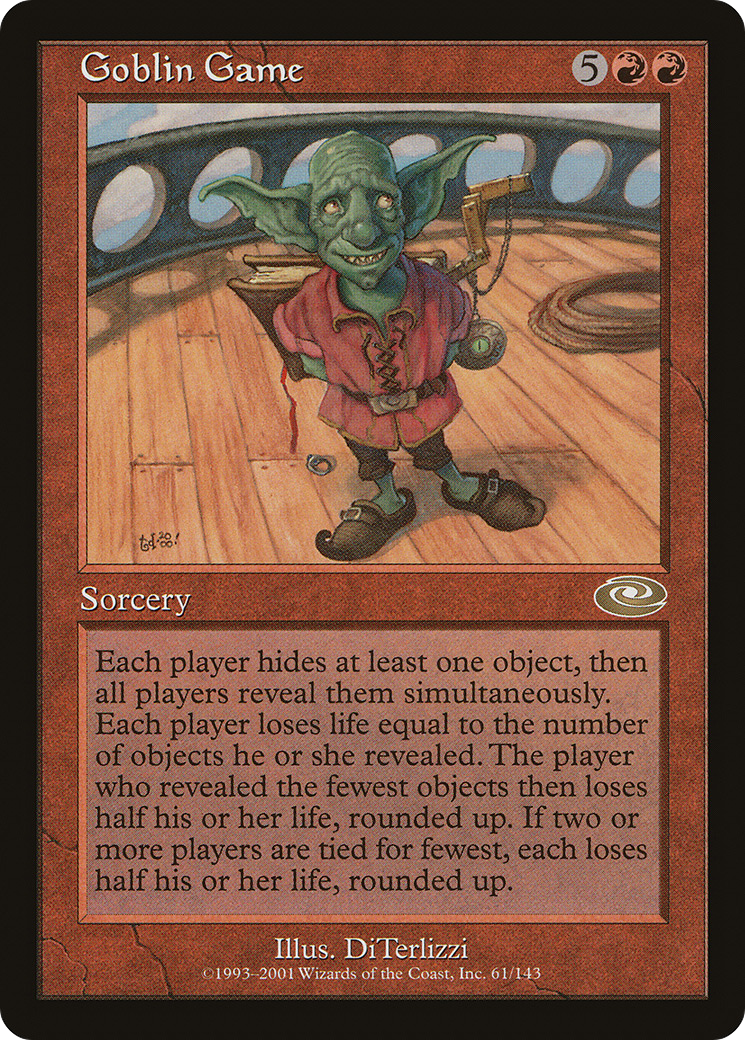 A goblin stands on the deck of an airship, with a few items stashed behind their back.