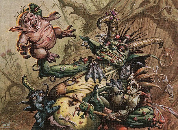 A wort-covered group of goblins gather in a murky village. One goblin holds up the screaming infant goblin by the ear, wincing at the noise.