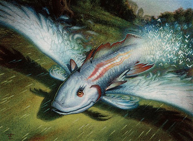 A blue and red fish flies low over a grassy meadow, with outstretched wings and a trail of shimmering energy.