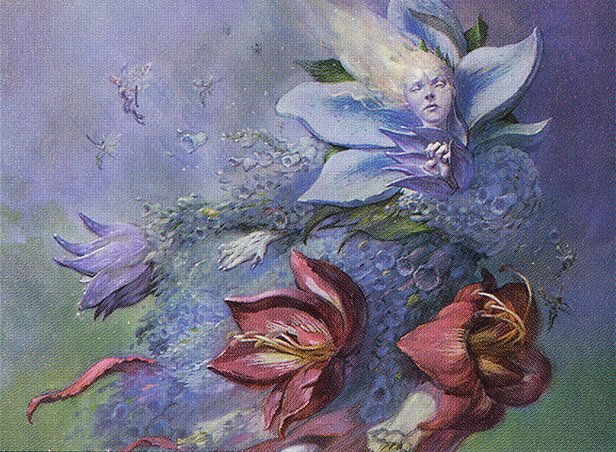 A faerie with lavender skin and white hair, clad in a dress made of flowers, floats across a lavender sky.