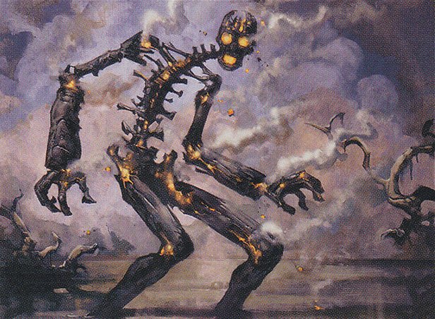 A charred skeleton with glowing eyes shambles through an ashen wasteland.