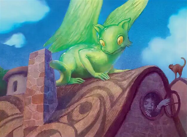 A small, green, winged, dragon whelp-like creature sits atop a roof with a sunny sky above.