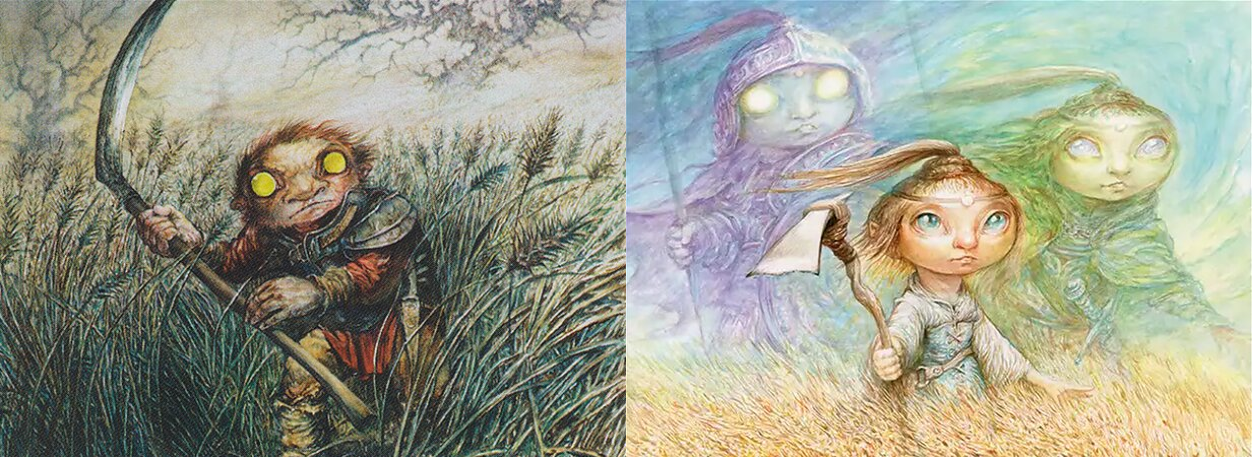 A pair of pantings side by side. To the left is a small, menacing humanoid with glowing eyes, approaching the viewer with a sickle in hand. On the right, three different incarnations of the same small humanoid stand side by side in a grassy field.