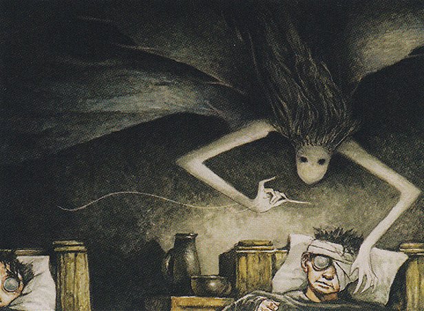 A skeleton clad in a black cloak floats into view, setting a human patient up underneath their spindly arms.