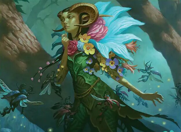 A horned elf wearing decorative flowers and a flower petal hood walks through a dark undergrowth of a forest.