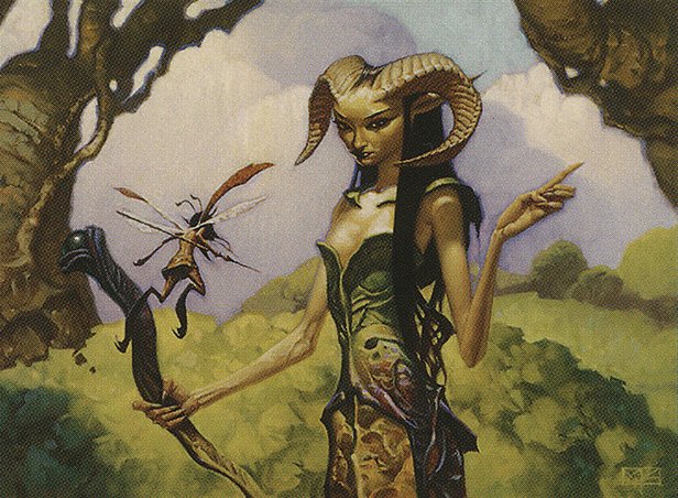 A horned female elf stands holding a staff, consulting a nymph, in front of a rolling background of woodlands.