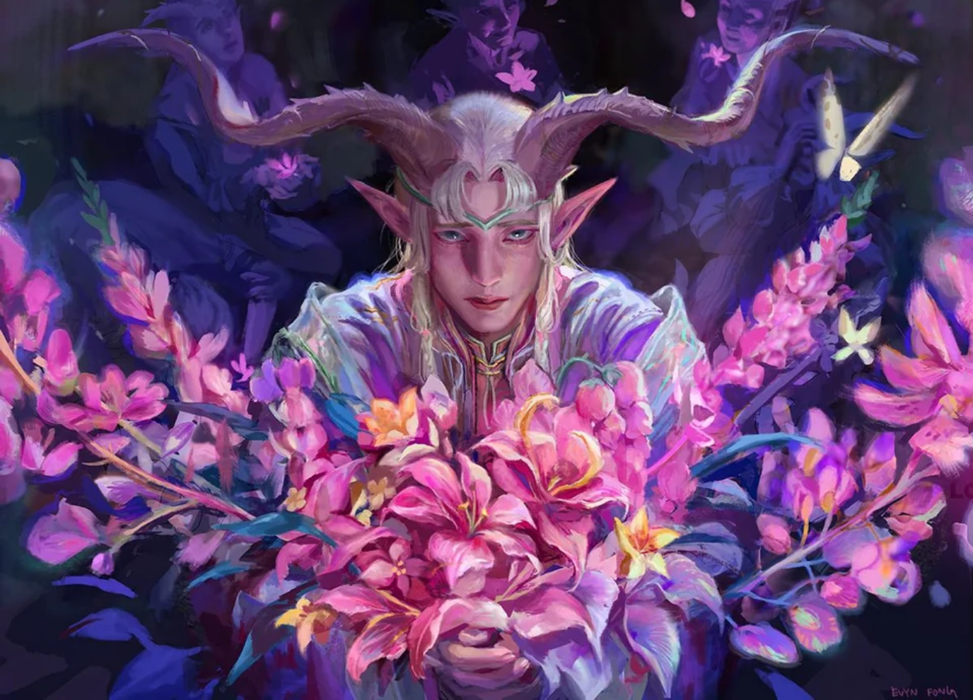 A horned elf looks up from a bouquet of pink and purple flowers