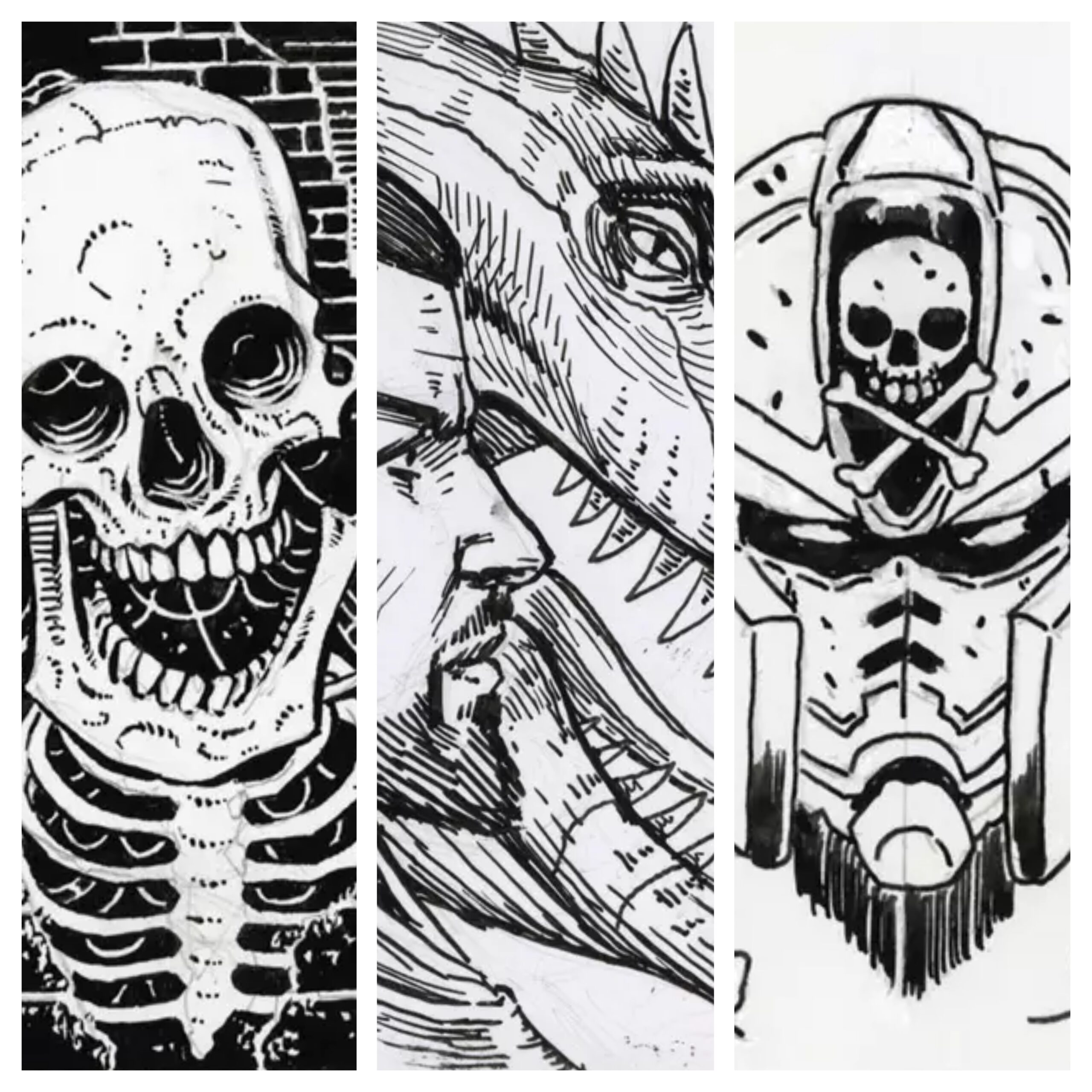 Three miniature illustrations on the back of Magic cards. Pictured from left to right: A yawning skeleton, a bearded man standing beside a dragon, and a Gundam helmet facing towards the viewer