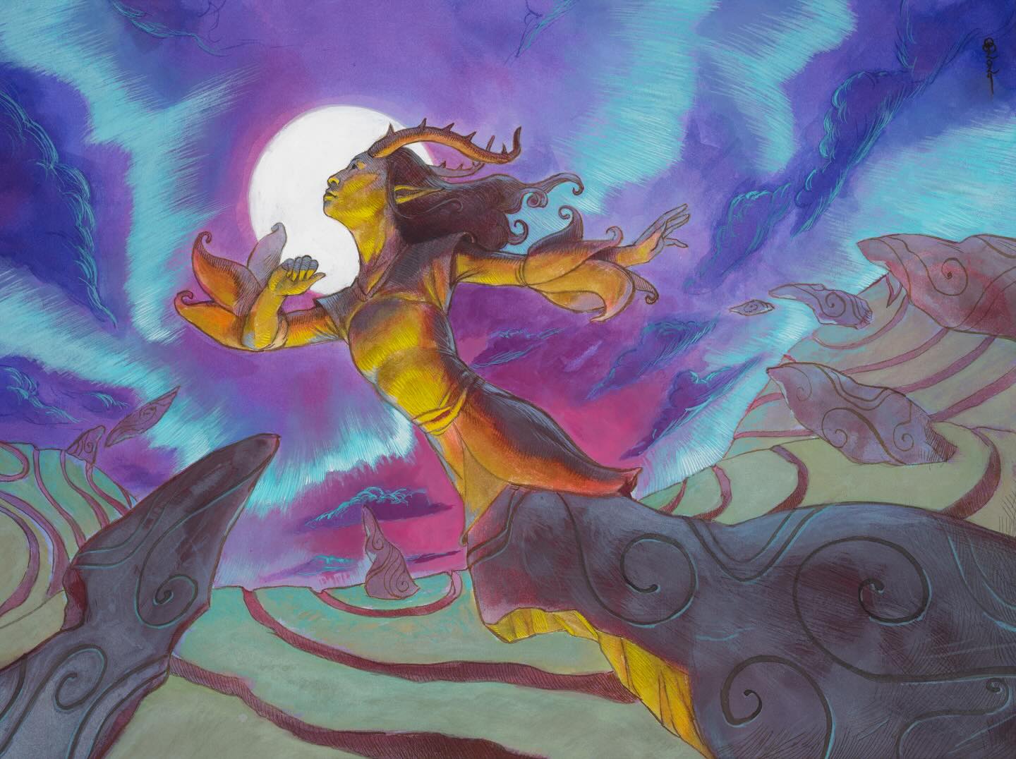 Stone outcroppings extend skyward towards the moon in a swirly sky. An elf appears to be trapped inside the clutches of the these rock outcroppings.