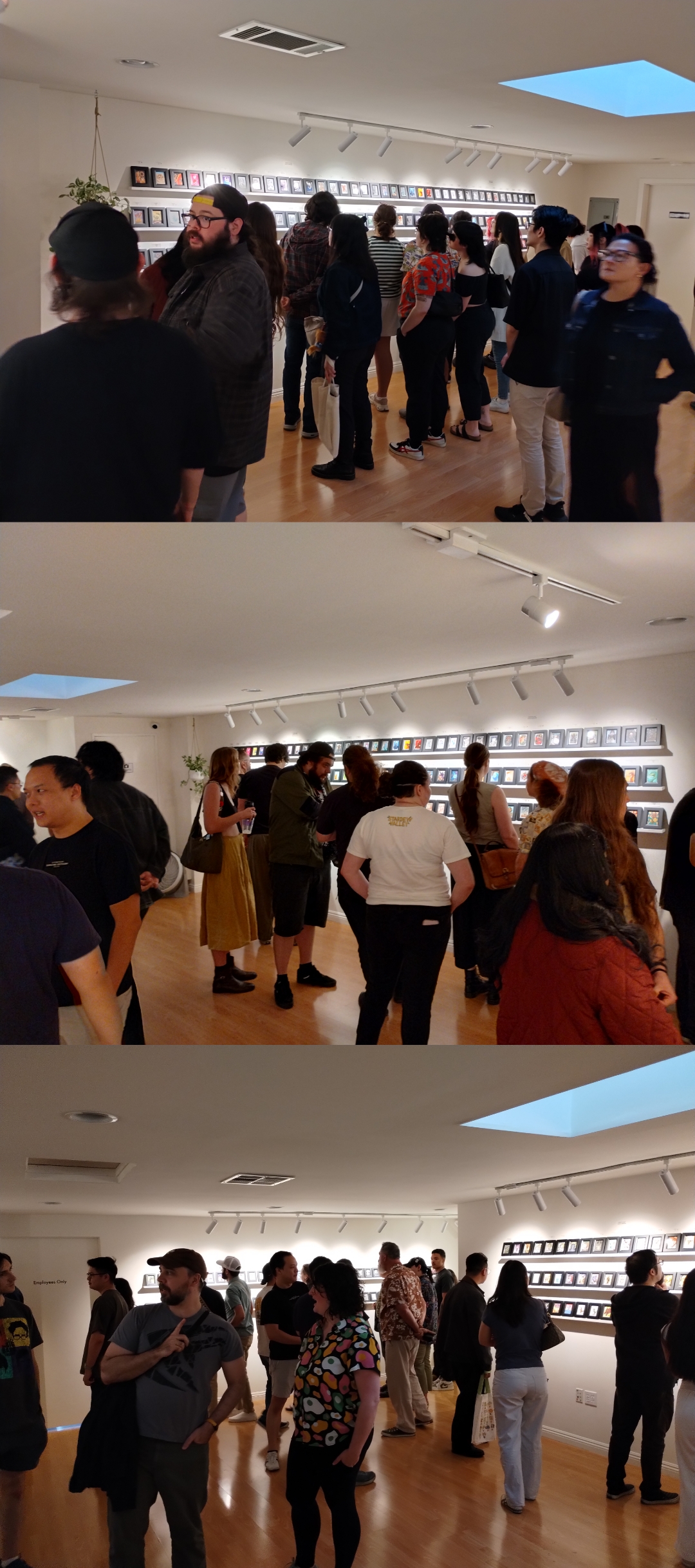Three photos of crowds of people standing inside an art gallery.