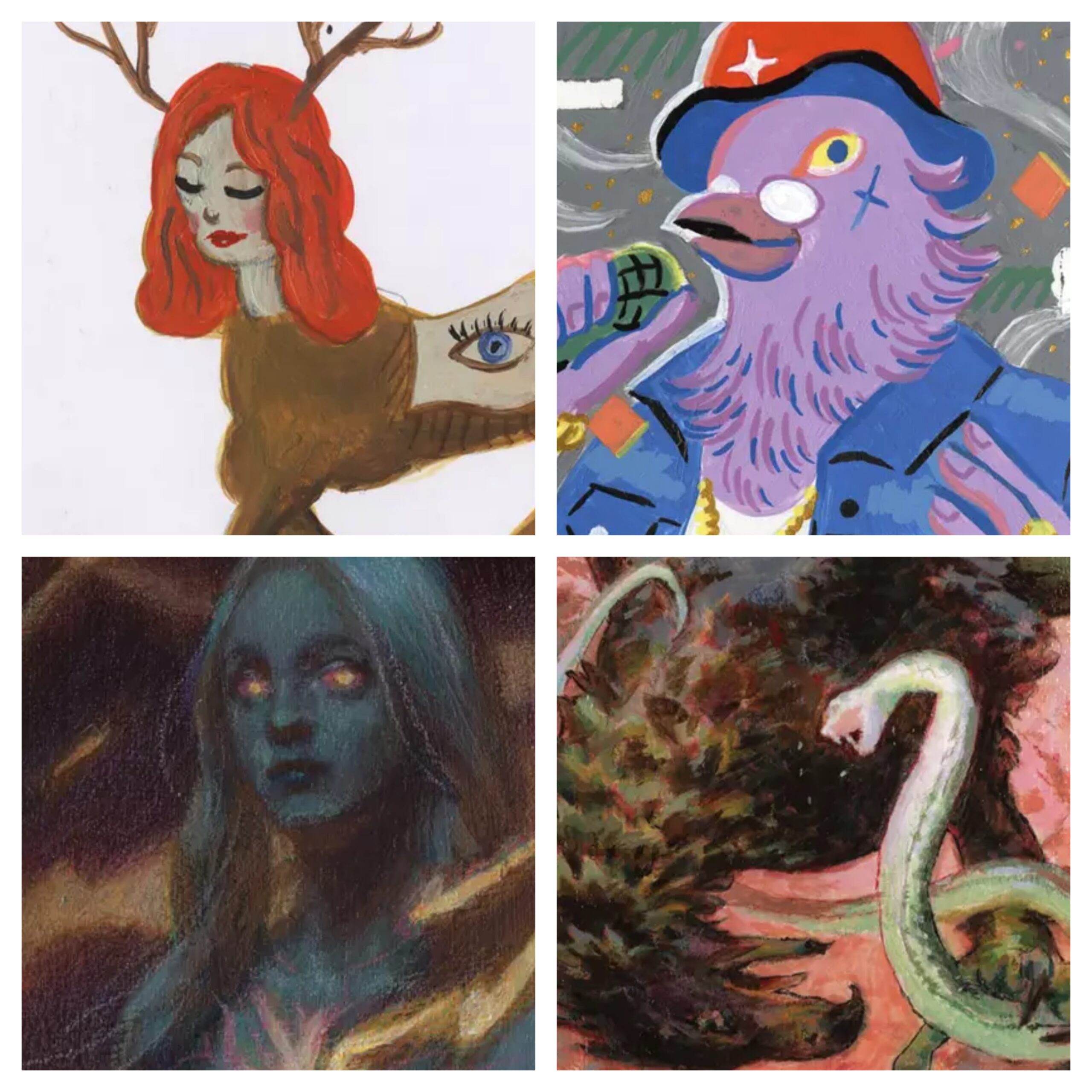 A 2x2 grid of miniature paintings. Clockwise from top left: A ginger-haired female masticore with antlers, a purple bird wearing human clothes while holding a microphone, a snake locked in combat with a bird, a glowing woman with bright eyes and energy coursing across her chest