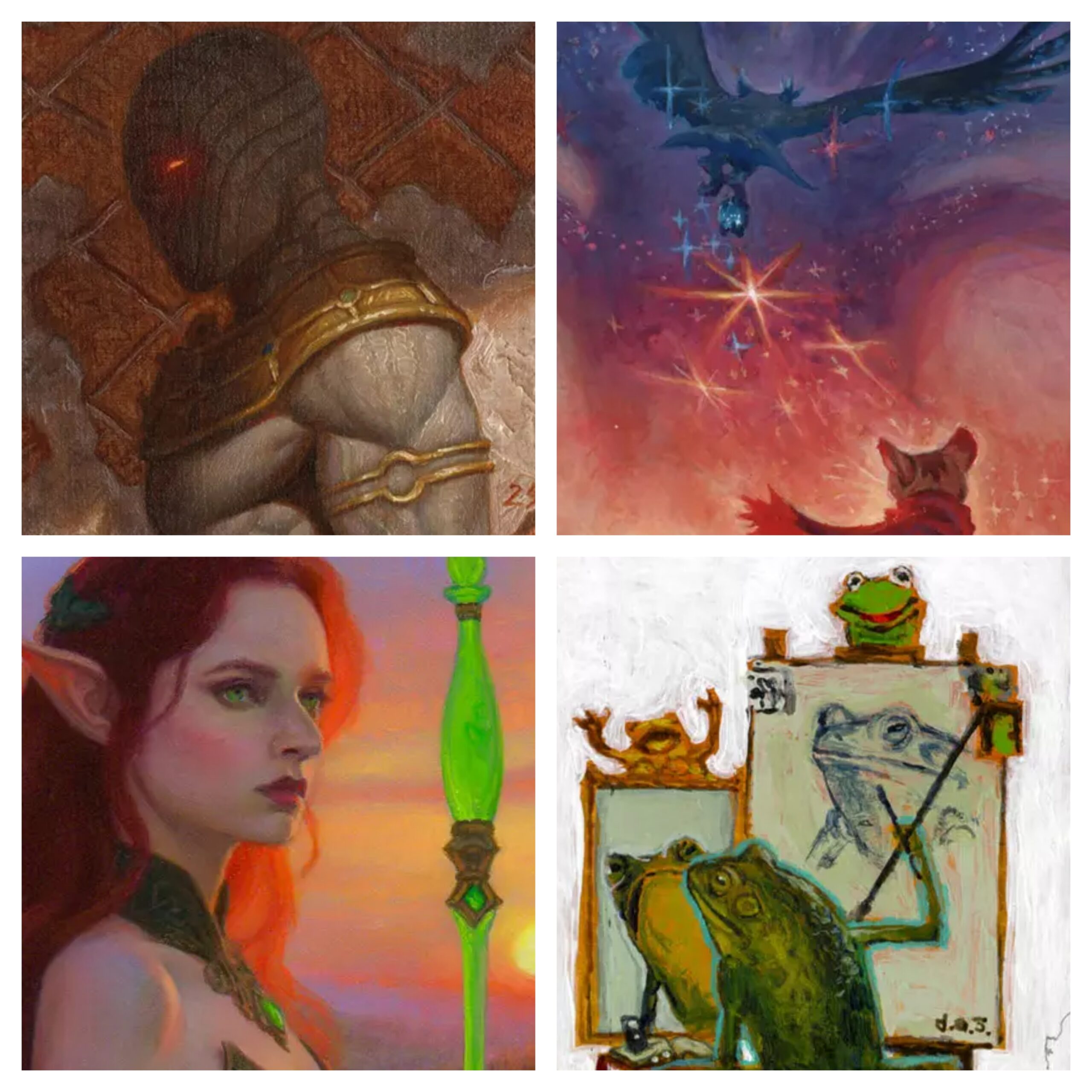 A 2x2 grid of miniature paintings. Clockwise from top left: A muscular mummy wrapped in cloth with glowing red eyes, a bird flying away into the stars beyond a mouse, a frog depicting the Norman Rockwell self portrait painting, a woman elf with red hair and white skin stands holding a staff in front of a sunset