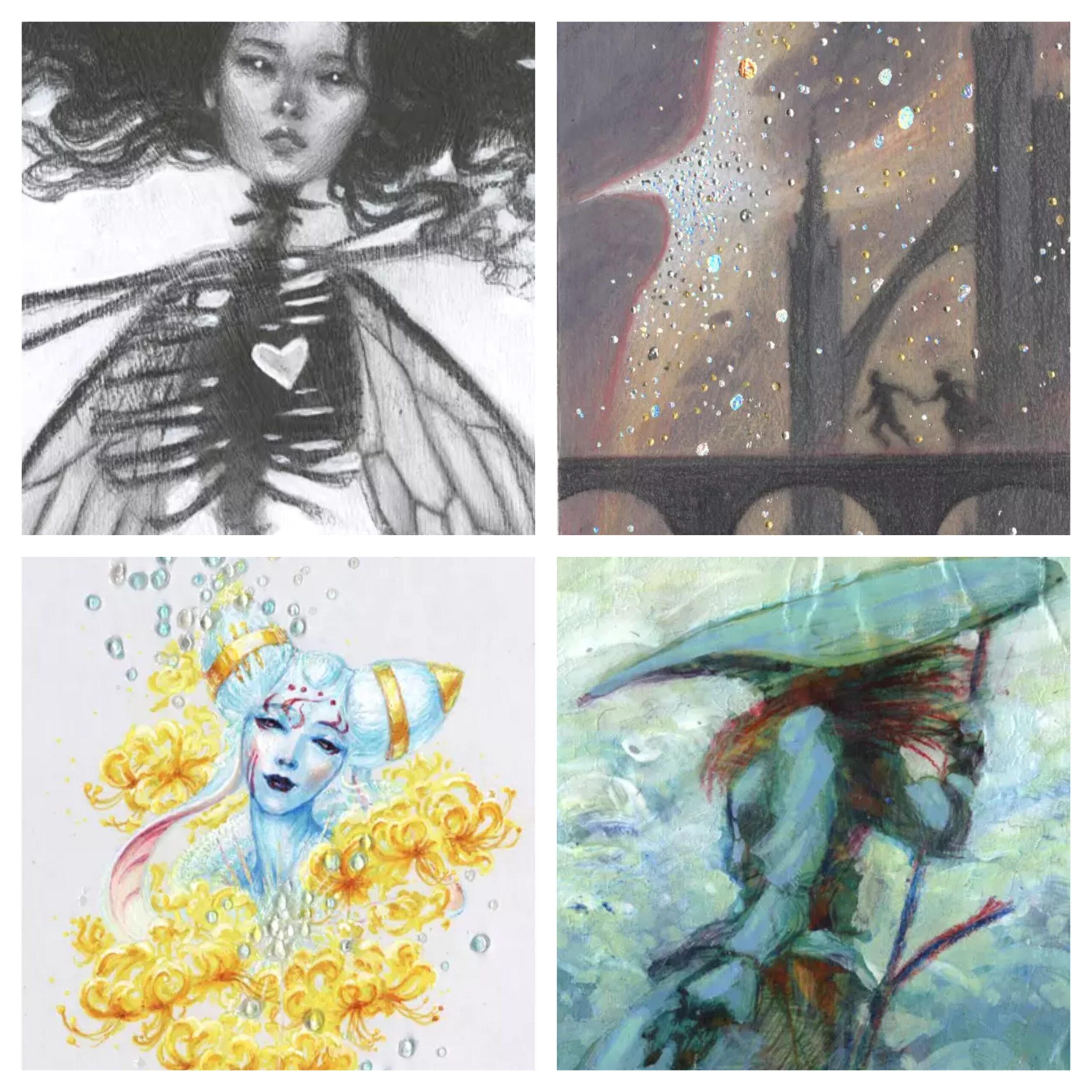 A 2x2 grid of miniature paintings. Clockwise from top left: a long-haired woman's head placed atop a bare skeleton, two humanoid figures running across a bridge of a castle, a humanoid with an anvil-shaped head stands holding a staff, a depiction of Tamiyo the planeswalker looking out from a set of golden flowers