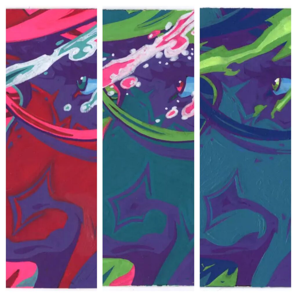 Three miniature Magic card paintings paired with each other, all depicting a close up composition of a human face with glasses, but in different colors.