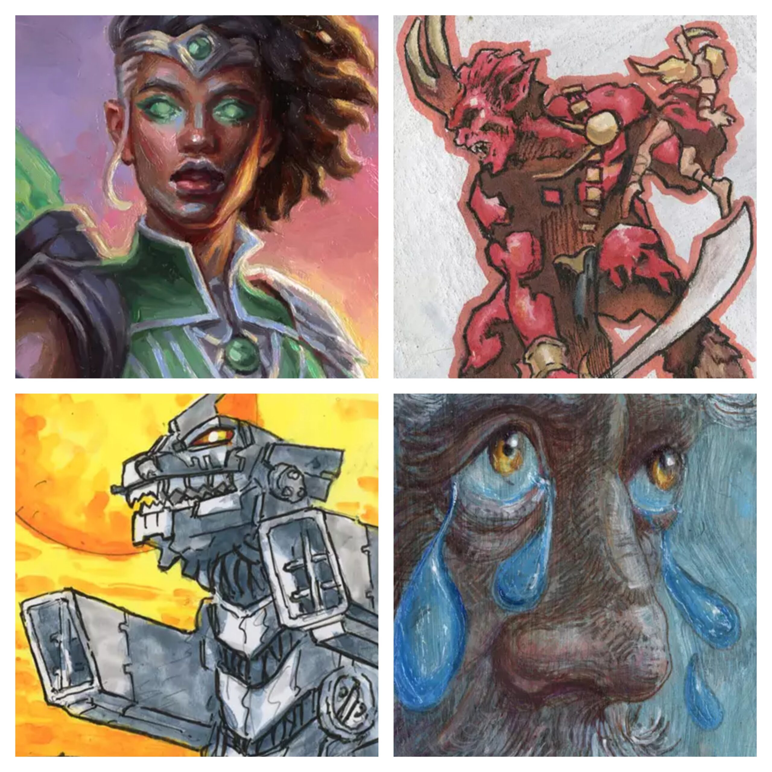 A 2x2 grid of miniature paintings. Clockwise from top left: Vivien Reid the Magic planeswalker depicted as a Black woman with green eyes and short hair tied back with a headband, a devil holding a falchion sword while grasping a struggling human, a close up of human eyes gushing massive tears out of them, a close up of Mecha Godzilla the metal kaiju monster