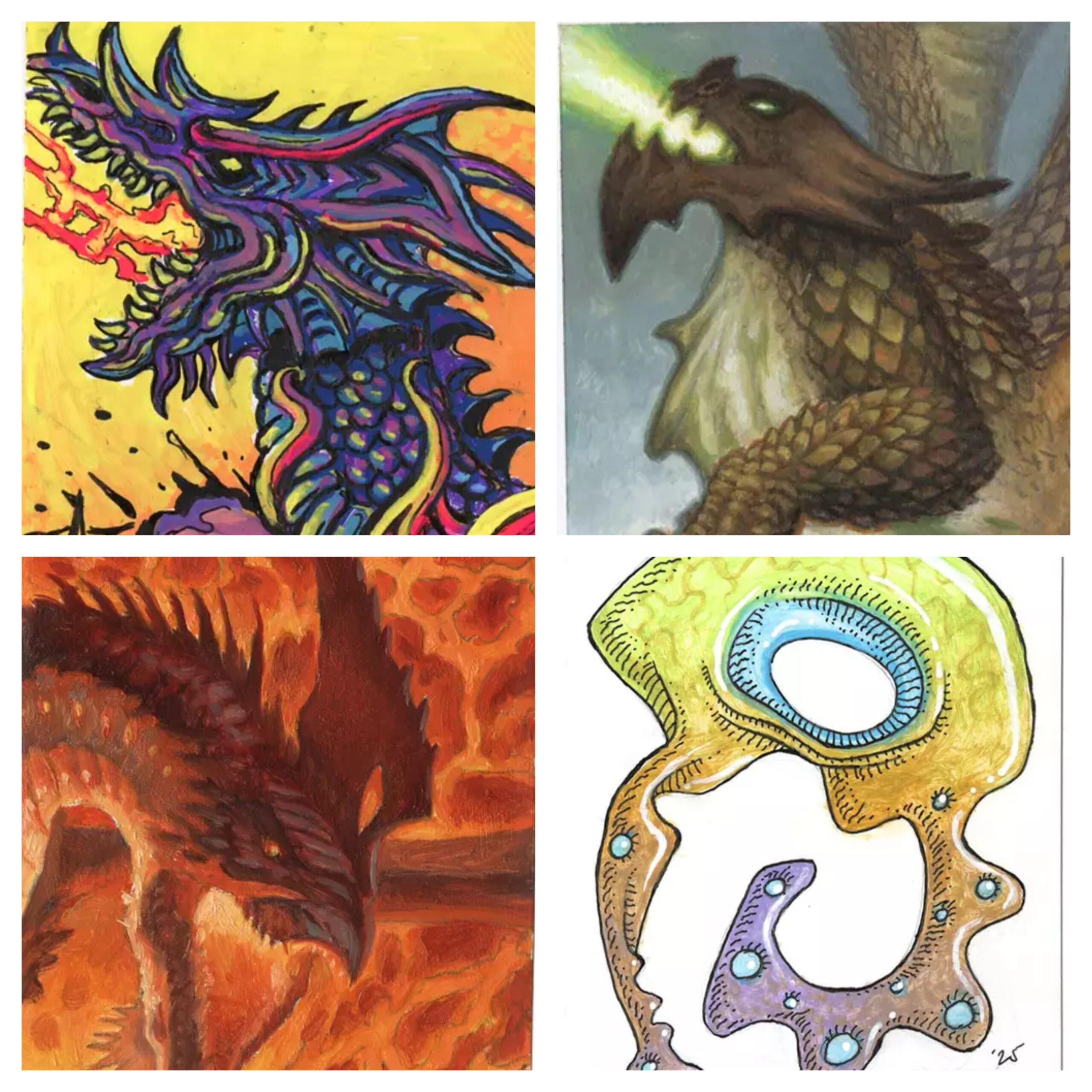 A 2x2 grid of miniature paintings. Clockwise from top left: A purple and horned spiny dragon breathing fire, an olive drab dragon breathing a lime green energy beam, a yellow-orange-purple amoeba-like organism, an orange dragon depicted in front of liquid magma