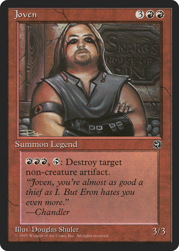 Joven, a Magic the Gathering card. It depicts a man with a goatee and crossed arms, clad in a dark vest with long black gloves and raccoon-like eye paint.