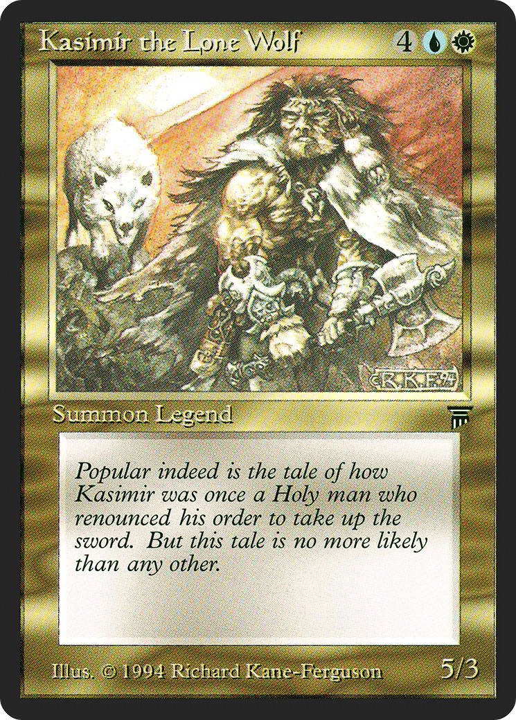 Kasimir the Lone Wolf, a Magic: The Gathering card depicting a brawny barbarian clad in fur, wielding a battleaxe.