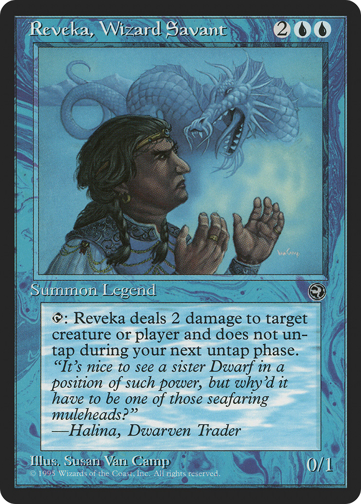 Reveka, Wizard Savant, featuring a woman wizard with braided hair, with a blue dragon appearing in the mist behind her.