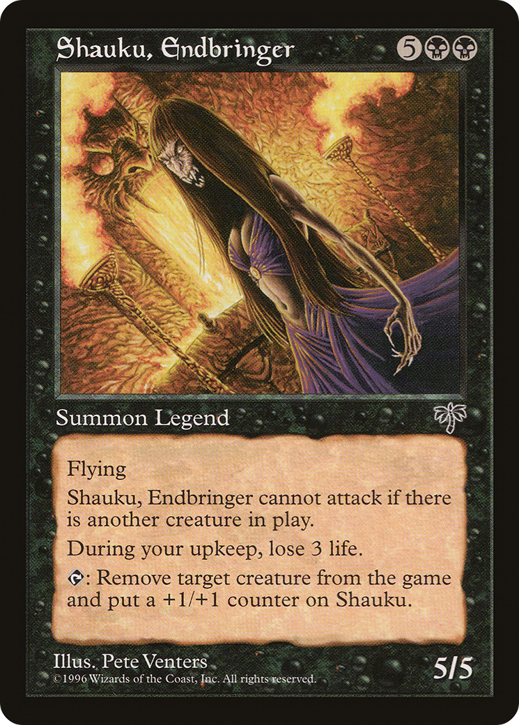 Shauku, Endbringer, a Magic: The Gathering card featuring a woman vampire with long hair, spindly arms, large fangs, and a burning shrine behind her