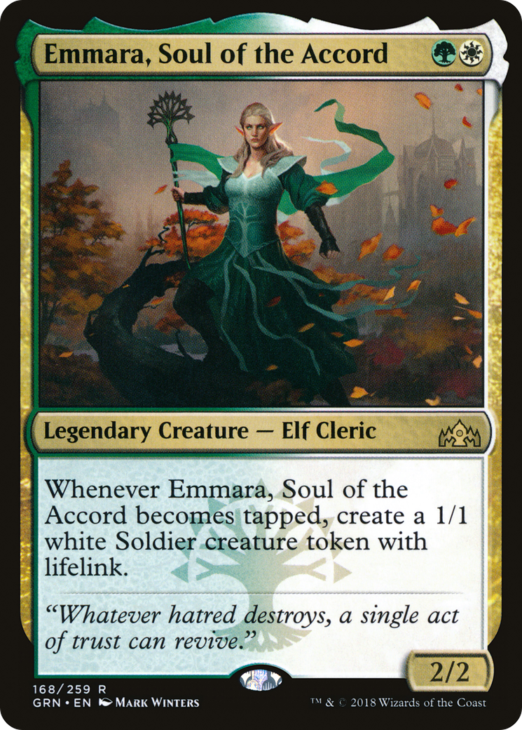 Emmara, Soul of the Accord, a Magic: The Gathering card featuring a blonde woman elf with a green dress, walking staff, and flowing autumn foliage falling around her