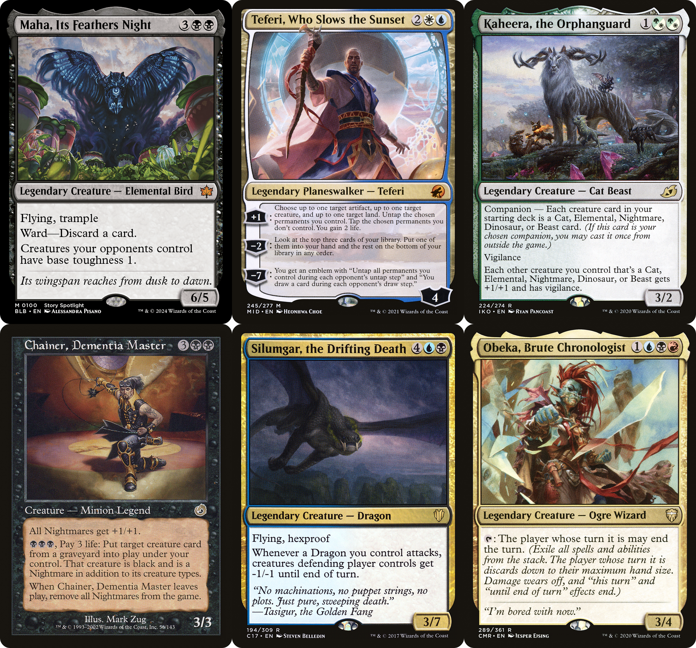 A collection of several cards with cool titles, including Maha, Its Feathers Night;  Teferi, Who Slows the Sunset; Kaheera, the Orphanguard; Chainer, Dementia Master; Silumgar, the Drifting Death; Obeka, Brute Chronologist]