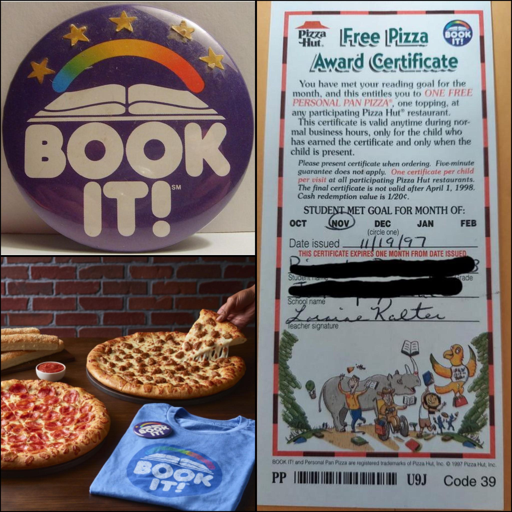 A collage of images dedicated to Pizza Hut's reading program in the 90's. It shows a button, shirt and free pizza award certificate.