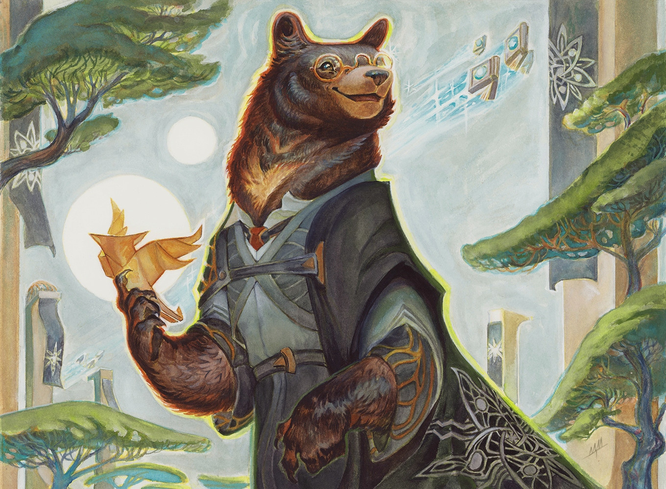 A bear wearing grey robes of a student mage, holding a paper bird and walking with a smile