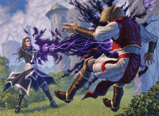 A human student mage blasts purple and black magic out of their hands, pushing back an opponent in the foreground