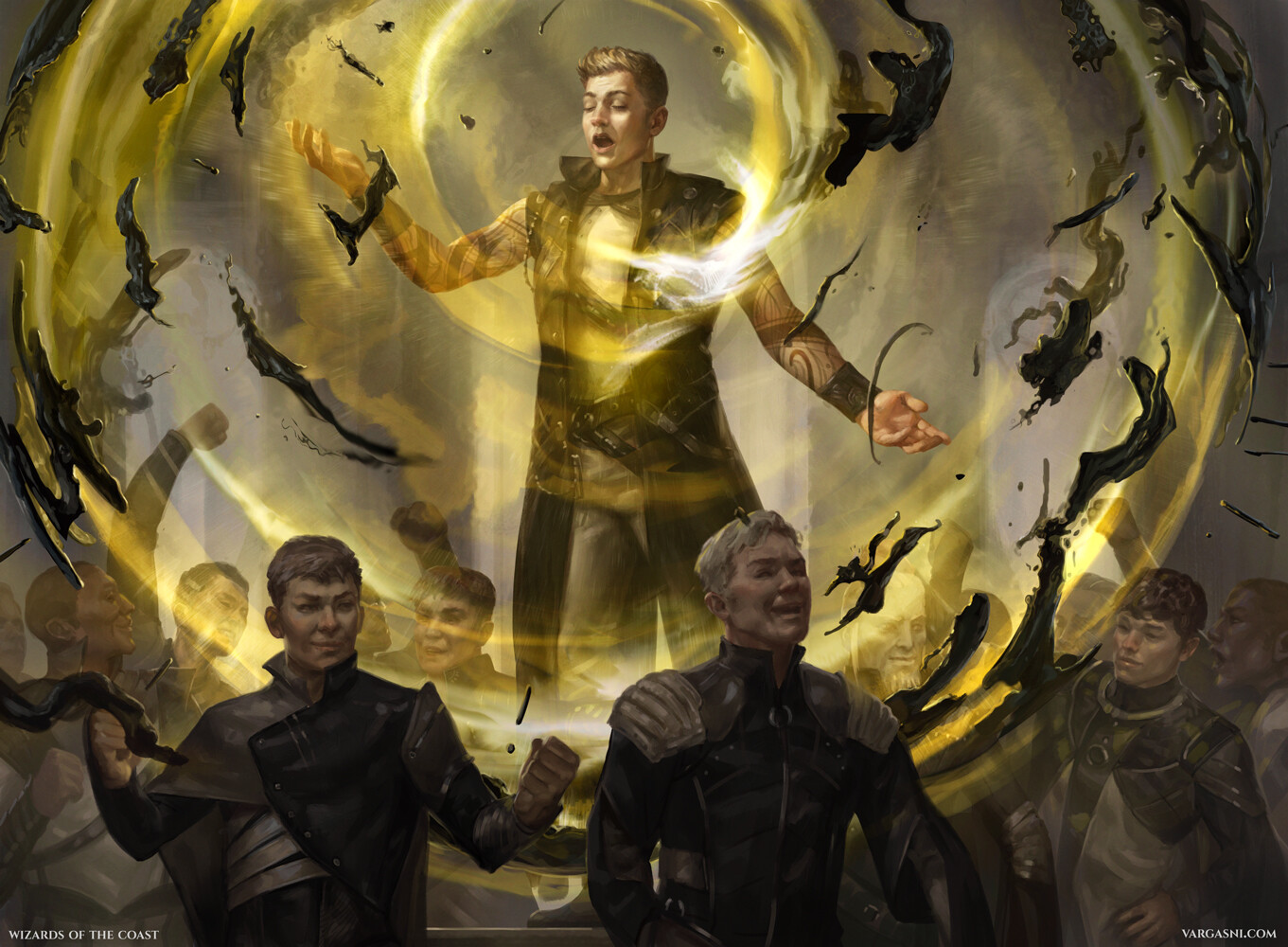 A group of humans stand together, with one speaking above the group. The words coming from the speaker create pulsating yellow and black shockwaves, inspiring those around them.