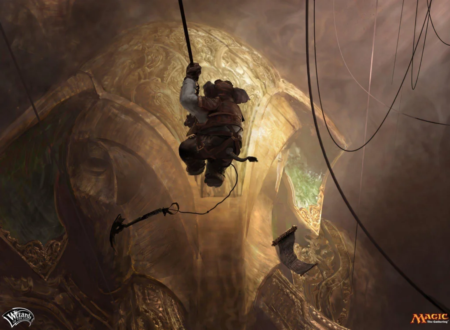 A anthropomorphic elephant descends on a rope, looking out at a gigantic monument of a gold elephant below them.